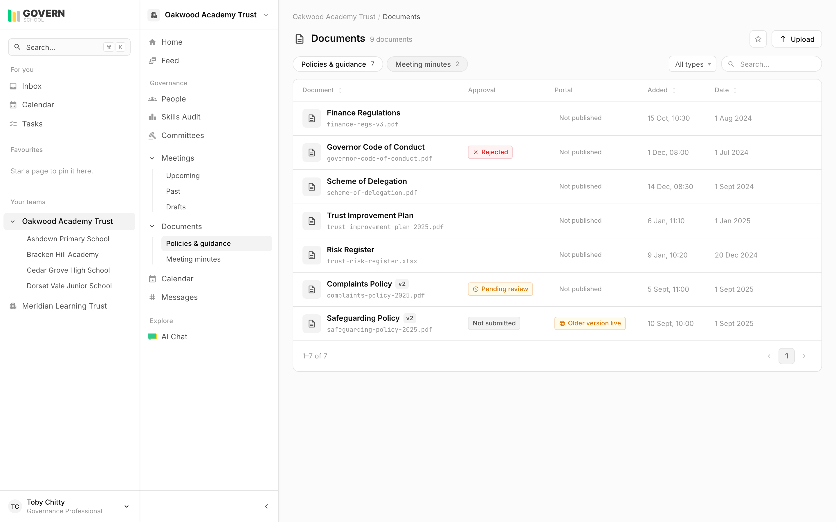 Documents table with versioning and portal status
