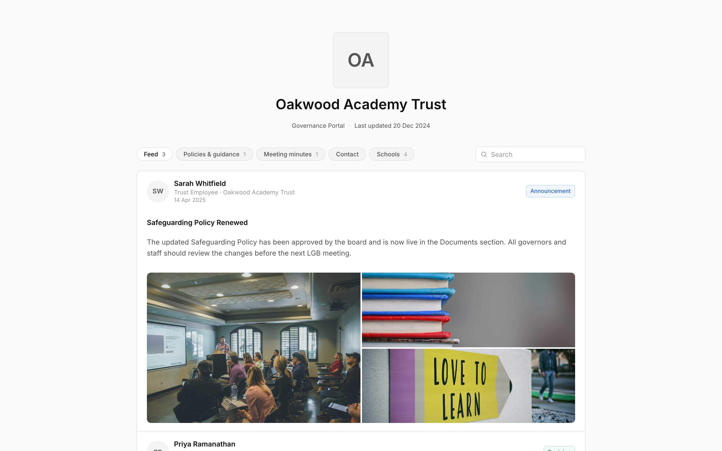 Public Oakwood Academy Trust governance portal with feed of trust announcements, policies and meeting minutes tabs, and a contact link